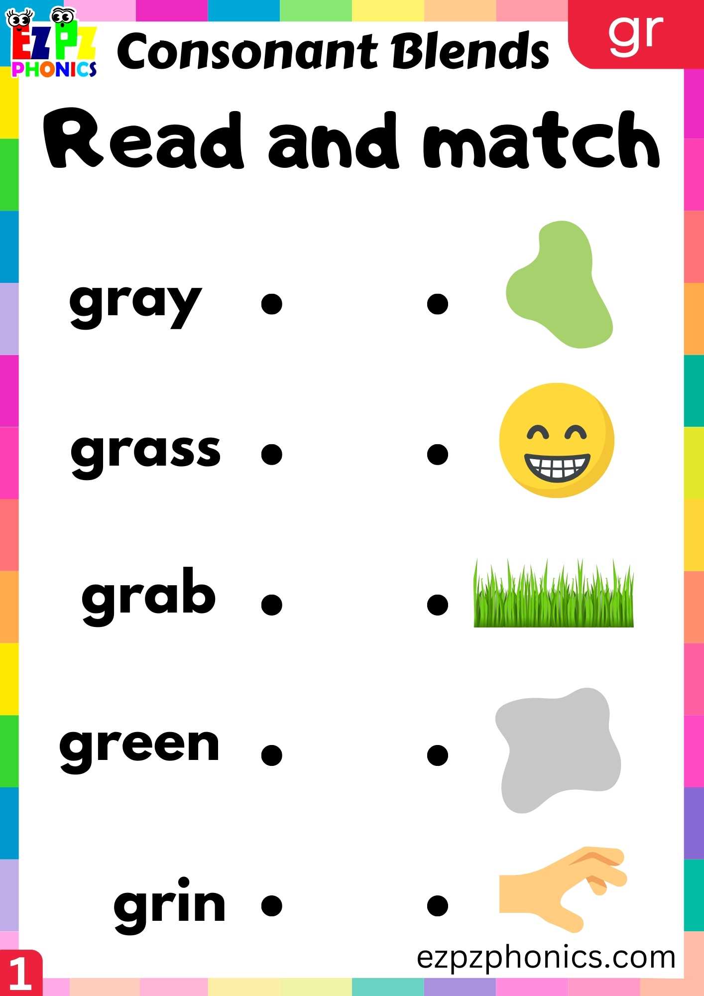 Group1 GR Words Read And Match Phonics Consonant Blends Worksheet